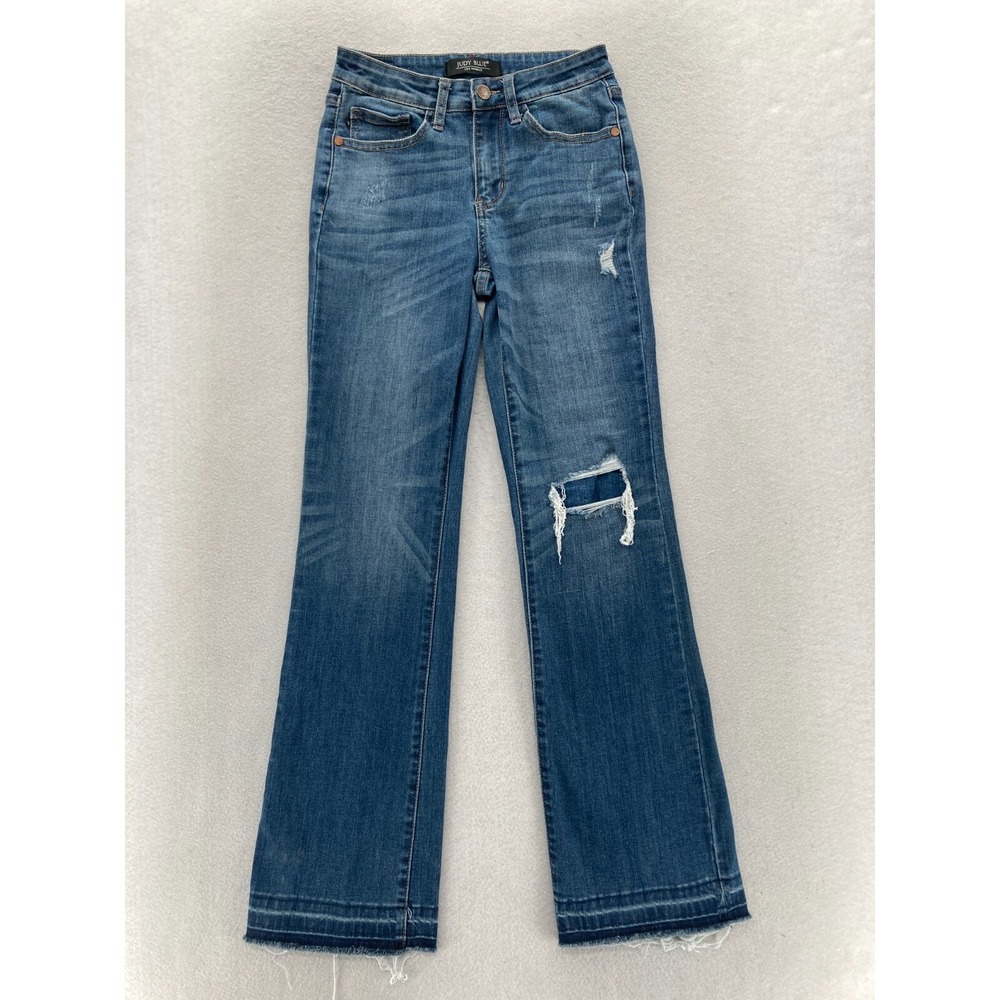 Judy Blue Jeans Women's 1/25 Bootcut Medium Blue Stretch Denim Distressed Boho
